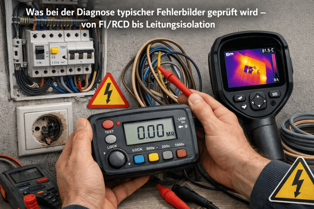 Elektriker prüft FI und Kabelisolation .
