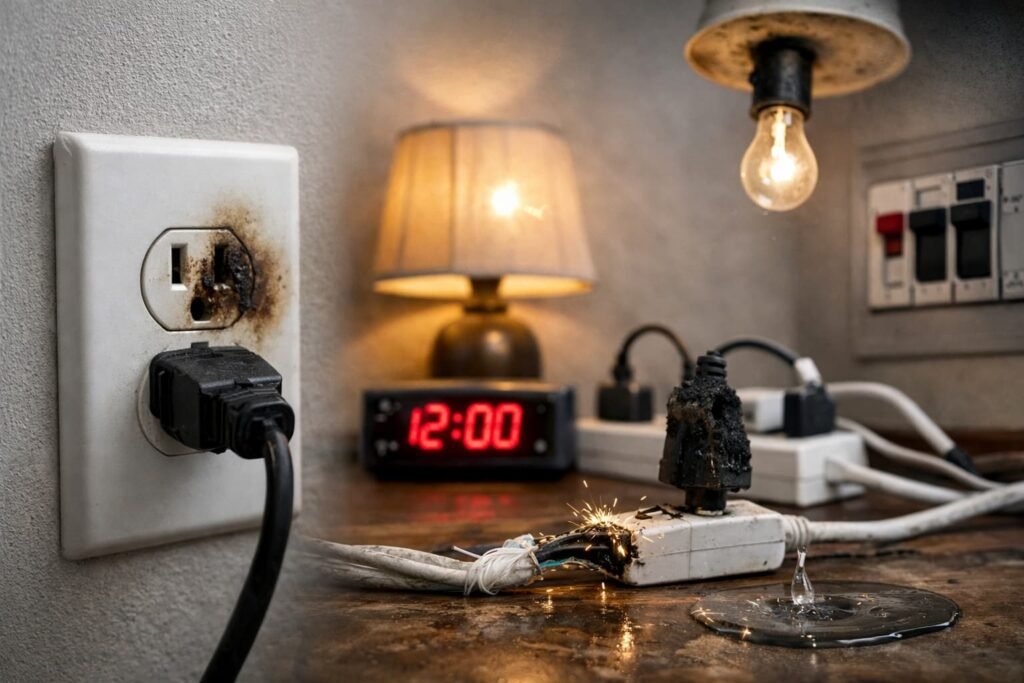 Anzeichen für elektrische Probleme: verbrannte Steckdose und Kabel!!!