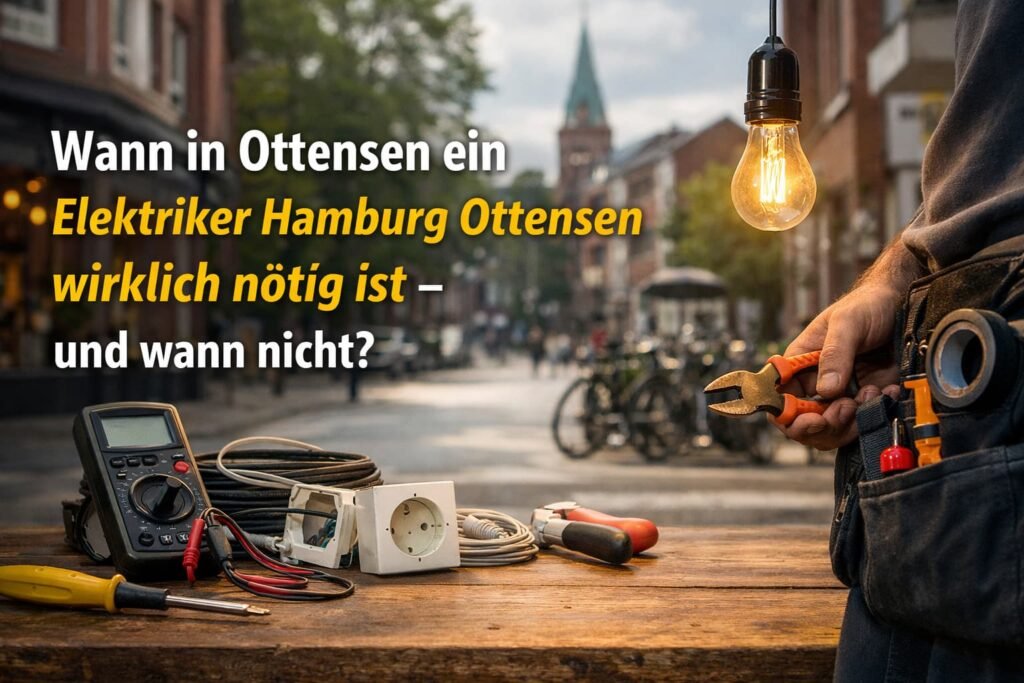 Elektriker-Werkzeuge vor Hamburger Straße mit Glühbirne und Gerätebox