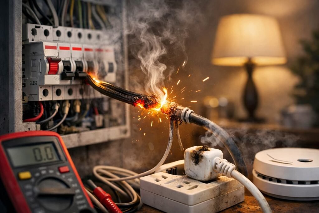 Überhitztes Kabel funkt, Sicherung löst aus, akute Brandgefahr jetzt!