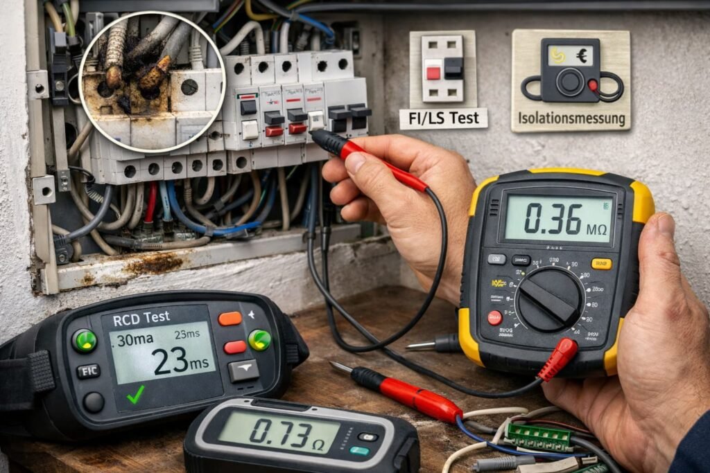 Elektriker misst Fehler im Sicherungskasten mit Multimeter vor Ort neu