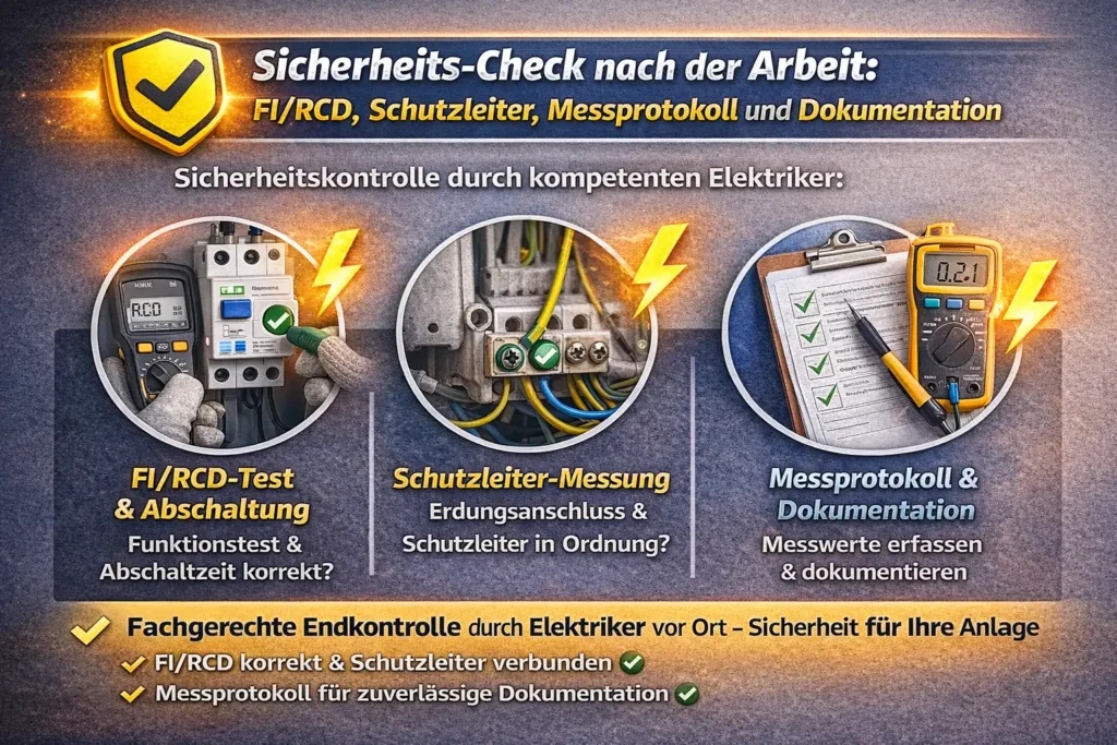 Sicherheits-Check nach der Arbeit: FI/RCD, Schutzleiter, Messprotokoll und Dokumentation