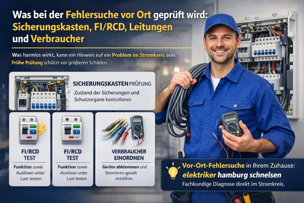 Was bei der Fehlersuche vor Ort geprüft wird: Sicherungskasten, FI/RCD, Leitungen und Verbraucher