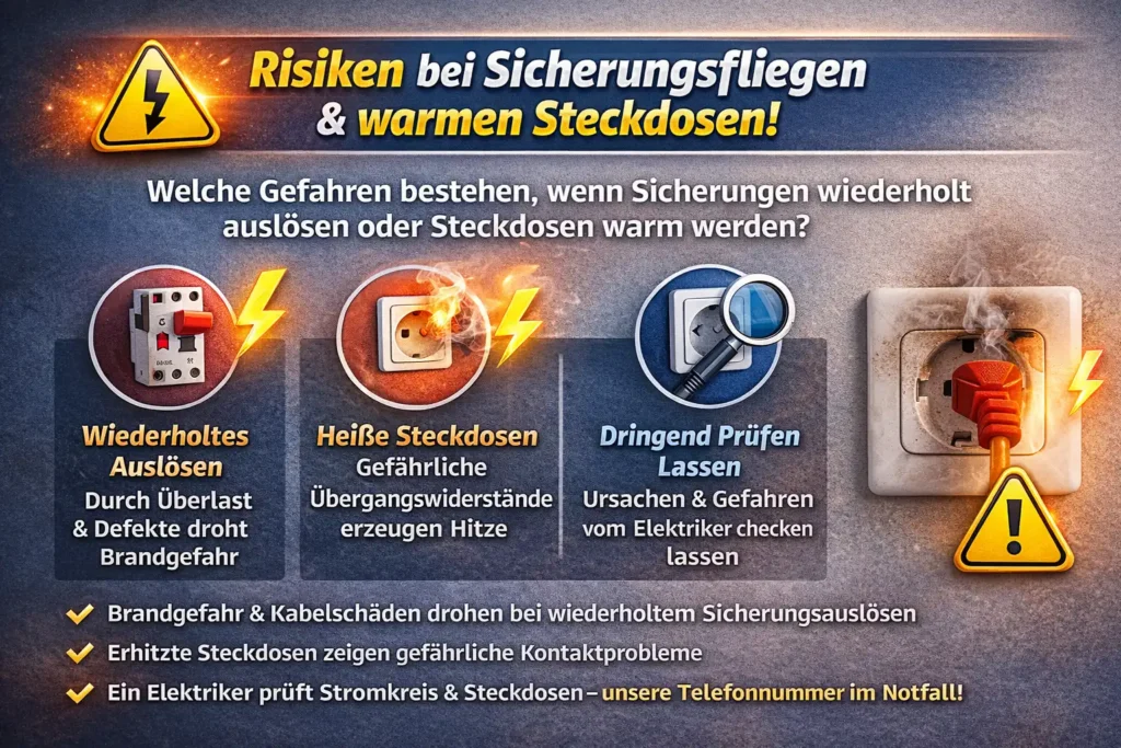 Welche Risiken entstehen, wenn Sicherungen wiederholt fliegen oder Steckdosen warm werden?