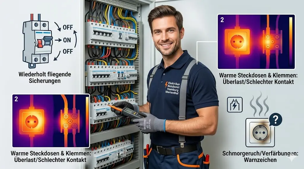 Welche Risiken entstehen, wenn Sicherungen wiederholt fliegen oder Steckdosen warm werden?
