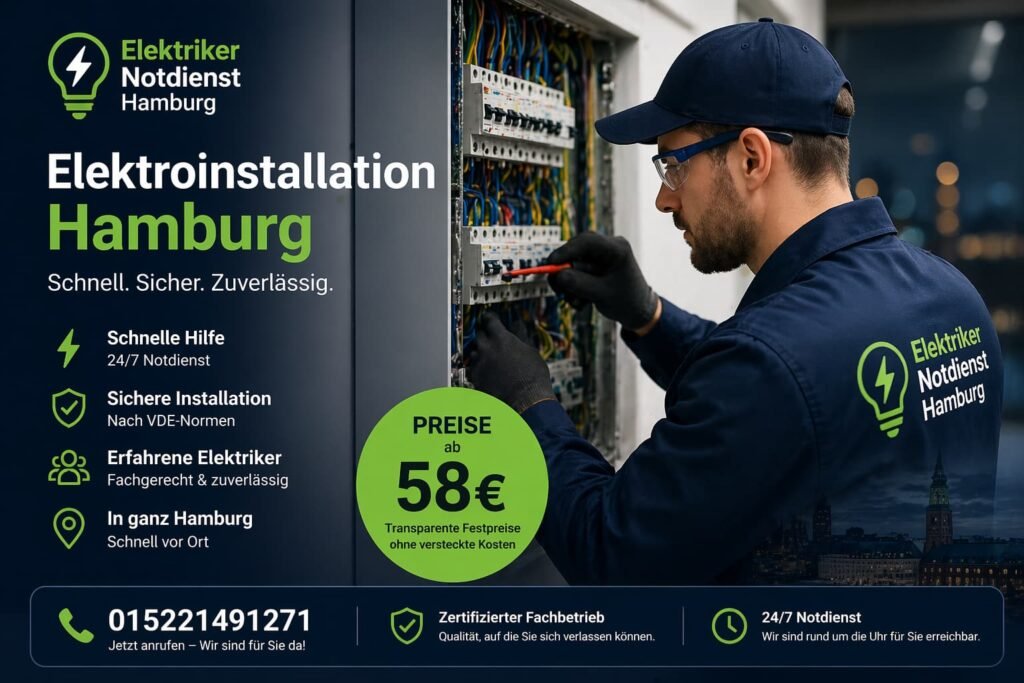 Elektriker behebt professionelle Elektroinstallation in Hamburg – Notdienst ab 58€ rund um die Uhr verfügbar.