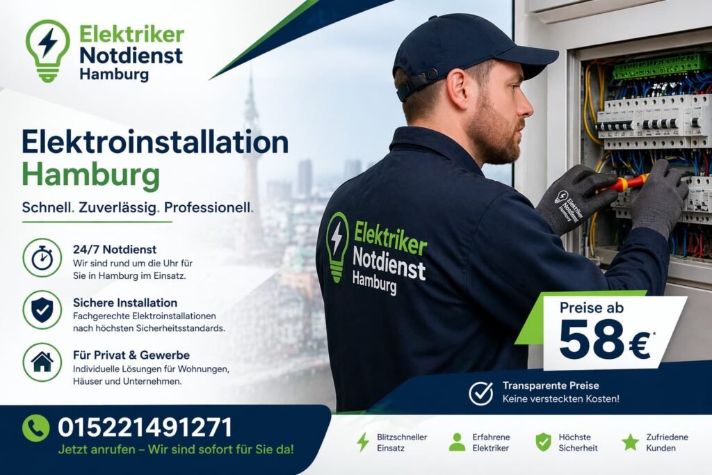 Elektriker bei Elektroinstallation in Hamburg – Notdienst ab 58€ verfügbar.