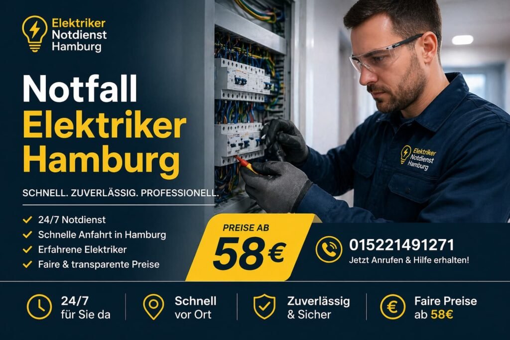Notfall-Elektriker in Hamburg bei der Reparatur eines Sicherungskastens, 24/7 Service ab 58 €, schnell und zuverlässig erreichbar