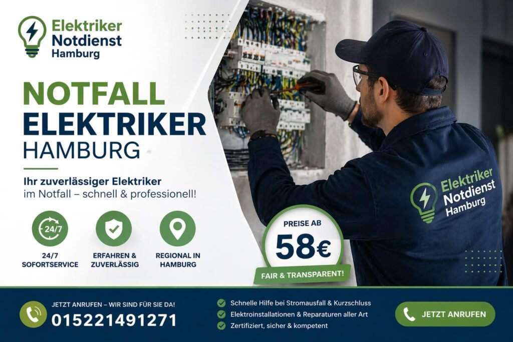 Notfall-Elektriker in Hamburg bei der Reparatur eines Stromverteilers – schneller 24/7 Service ab 58 € mit direkter Kontaktmöglichkeit.