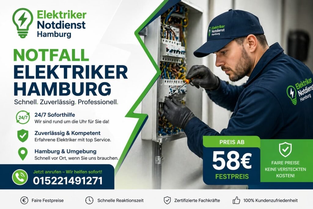 Notfall-Elektriker in Hamburg bei der Reparatur eines Sicherungskastens – schneller 24/7 Service ab 58 €