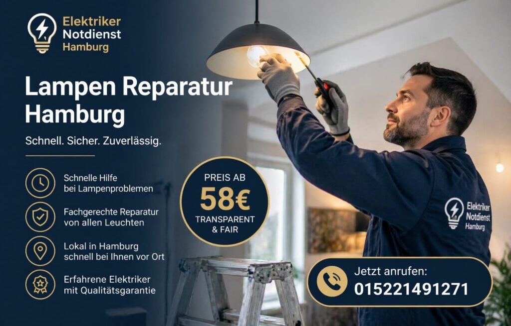 Elektriker bei der fachgerechten Reparatur einer Deckenleuchte in Hamburg, schneller Notdienst-Service mit transparenten Preisen.