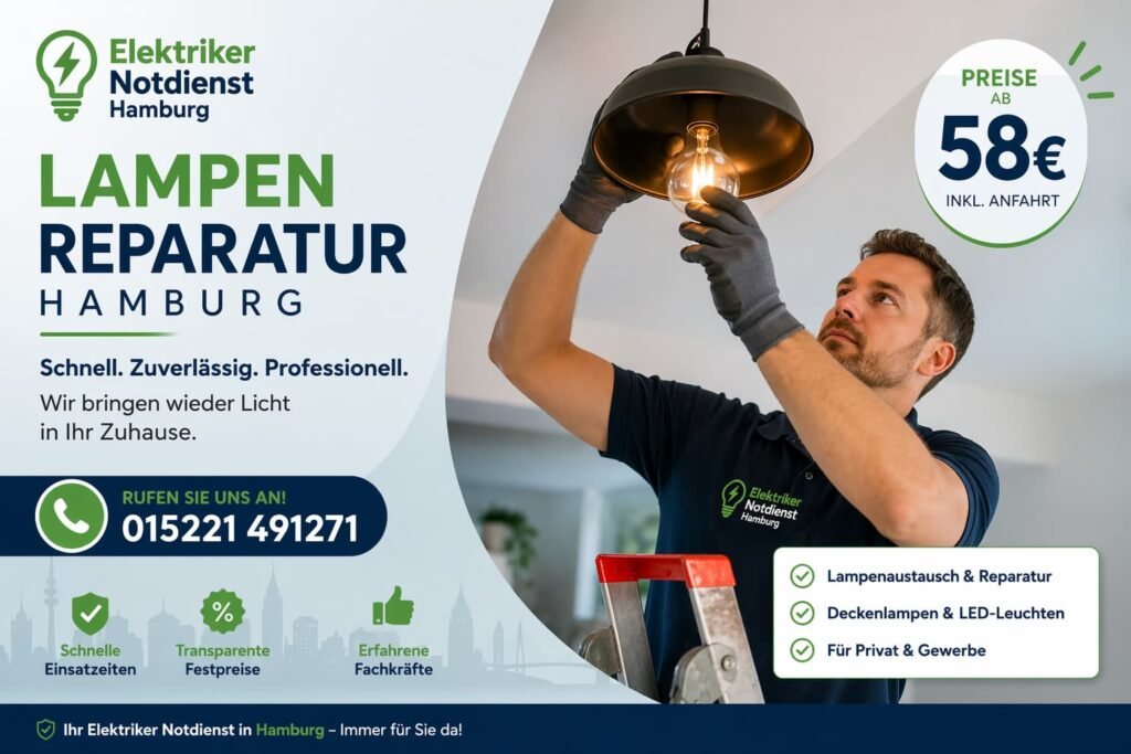 Elektriker bei der Reparatur einer Deckenleuchte in moderner Wohnung in Hamburg