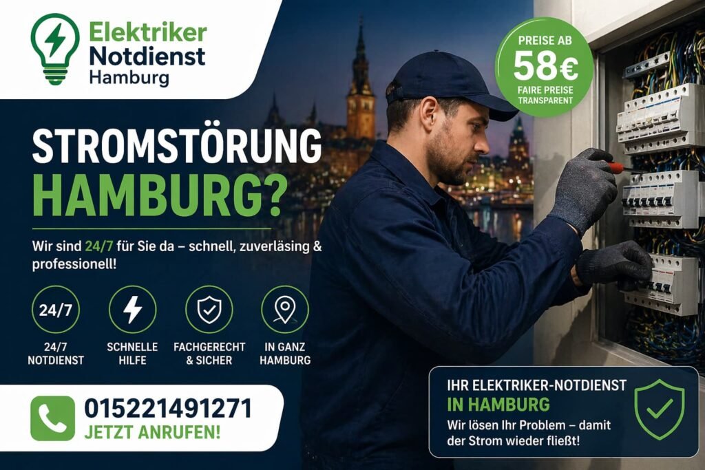 Elektriker im Einsatz behebt schnell ein elektrisches Problem mit professioneller Ausrüstung in Hamburg.