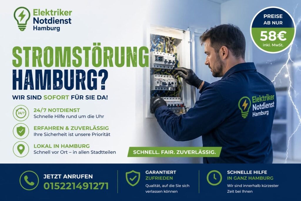 Elektriker im Einsatz behebt schnell ein elektrisches Problem mit professioneller Ausrüstung in Hamburg.