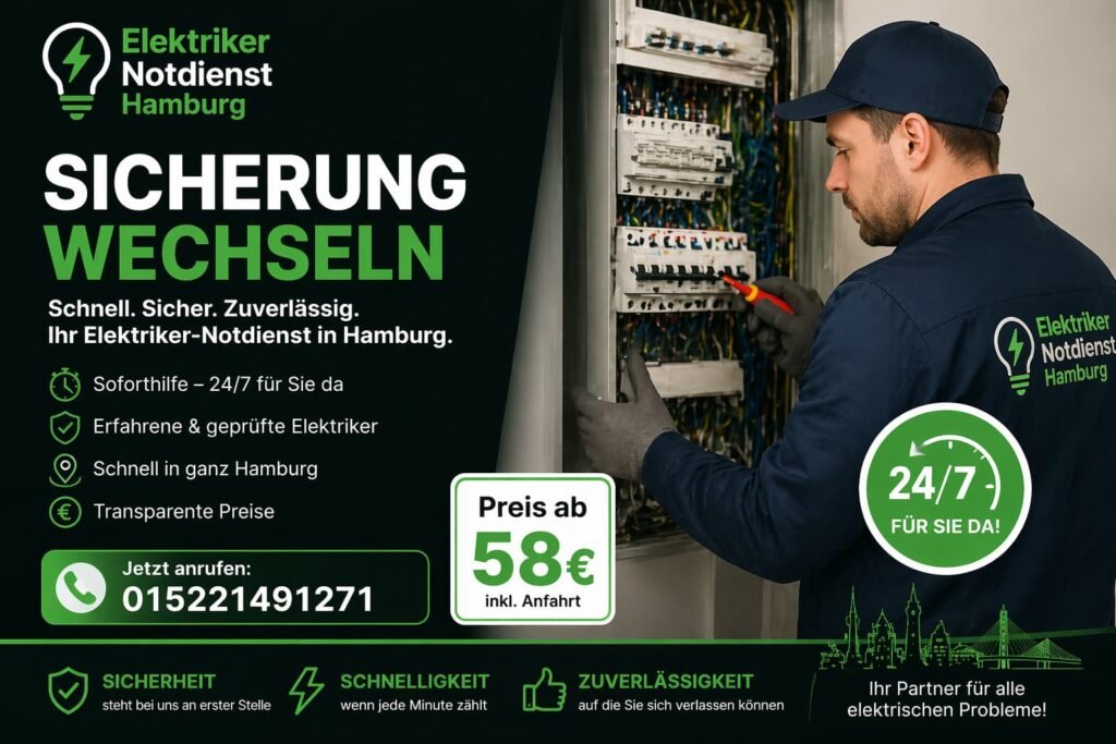 Professioneller Techniker beim Austausch einer defekten Sicherung im Verteilerkasten in Hamburg