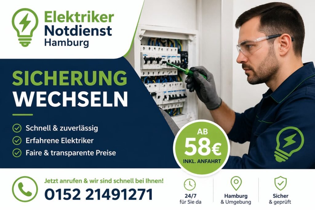 Professioneller Elektriker prüft Sicherungskasten und behebt Stromproblem in Hamburg schnell und zuverlässig.