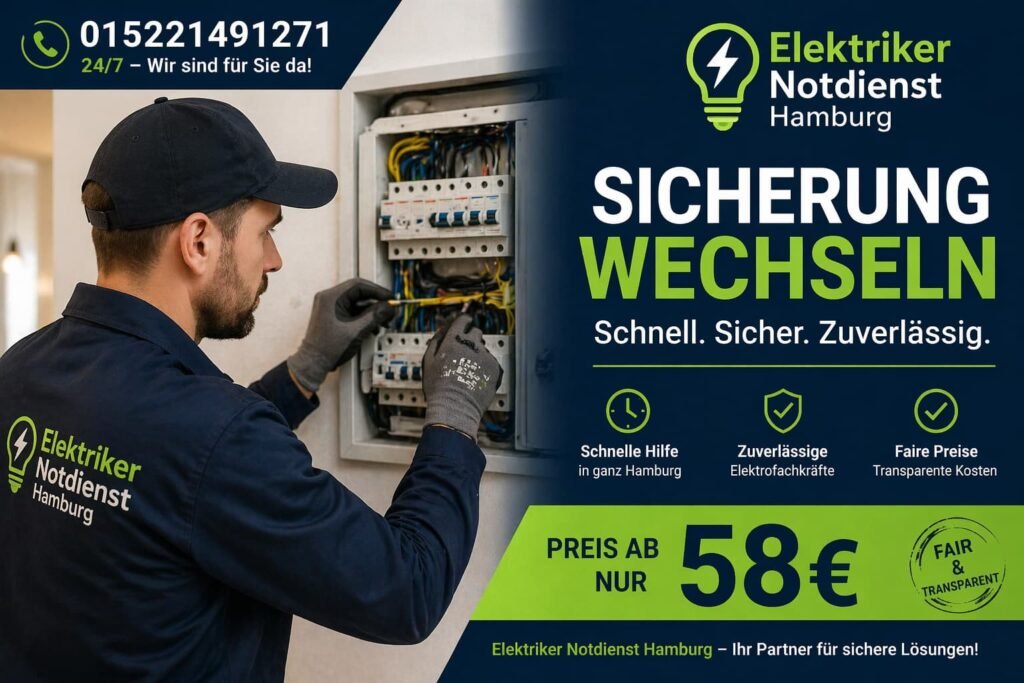 Fachmann bei der schnellen Reparatur eines Stromproblems im Sicherungskasten in Hamburg.