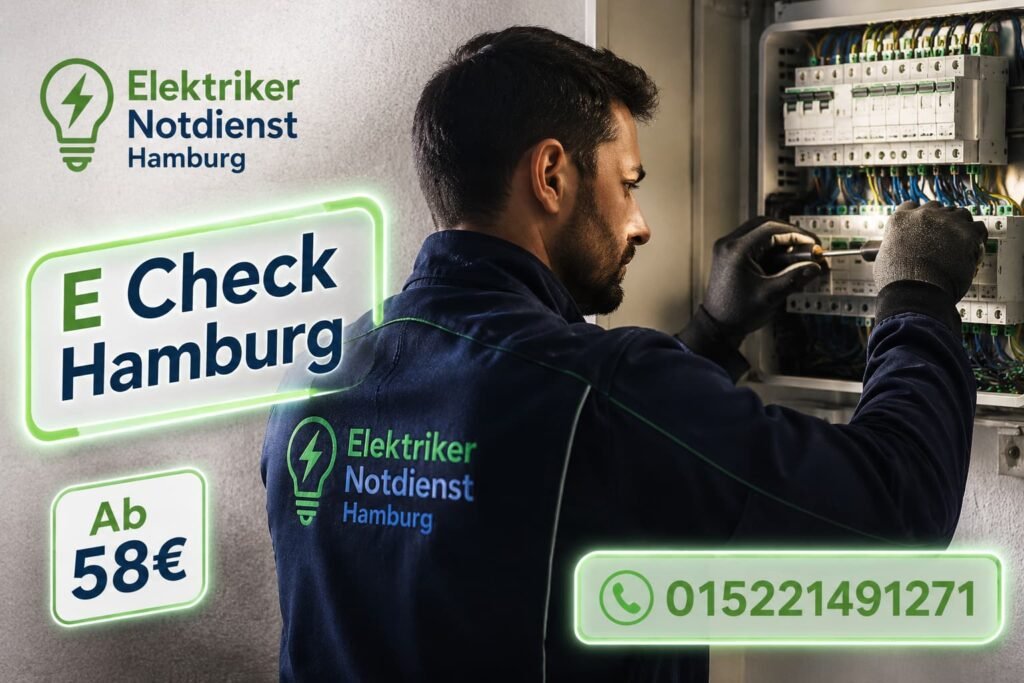 Elektriker bei der Prüfung und Reparatur eines modernen Sicherungskastens in Hamburg.