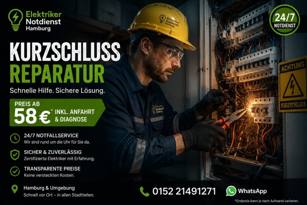 Elektriker bei der Fehlersuche und Reparatur eines Sicherungskastens in Hamburg